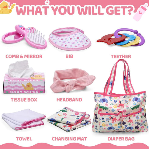 Set 16 Pack Baby Doll Accessories in Gift Box, Baby Doll Feeding Caring Kit with Pacifiers & Diaper Bag & Magic