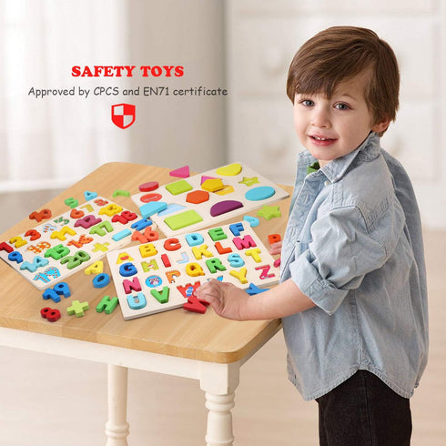 Wooden Puzzles for Toddlers, Voamuw Alphabet Number Shape Learning Puzzle for Kids Ages 3-5, Montessori Educational