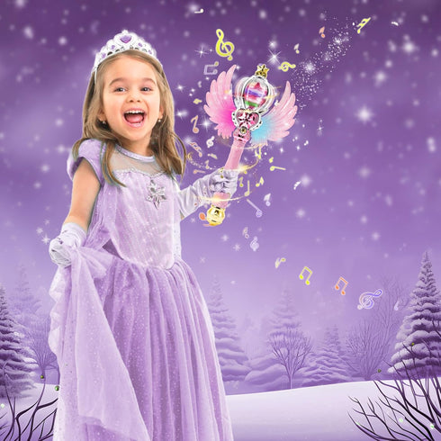 Light Up Snowflake Wand - Spinning LEDs and Sound Magic Princess Toy for Kids, Birthday Cosplay Party Favors, Pink