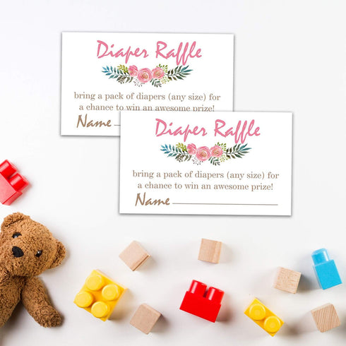 Pink Flowers Diaper Raffle Tickets - 50 Baby Shower Game Cards for Invitation Inserts