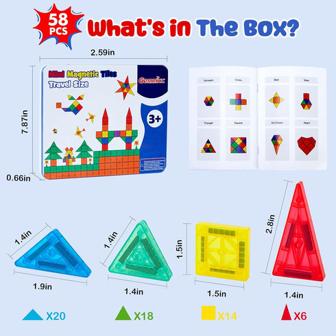 Gemmicc 58 PCS Mini Magnetic Tiles, Travel Magnet Construction Toys with Metal Storage Box, Sensory Montessori Toys