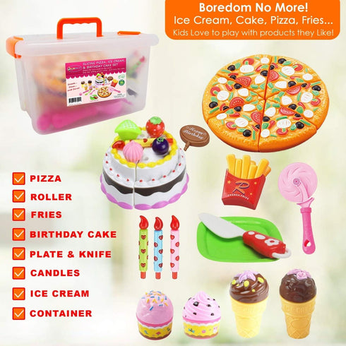 Set FUNERICA Play Food Goodies with Storage Box - Features Cutting Pizza, Ice Cream, Toy Birthday Cake, Fries, Dessert
