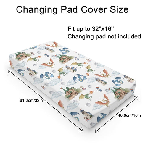 Fairytale Dragons Castle Changing Pad Cover Watercolor Dragon Princess Knight Moon Clouds Baby Diaper Change Table Cover for Boy Girl Soft Stretchy Snug Fitted Changing Table Sheets Mats 32''x16''