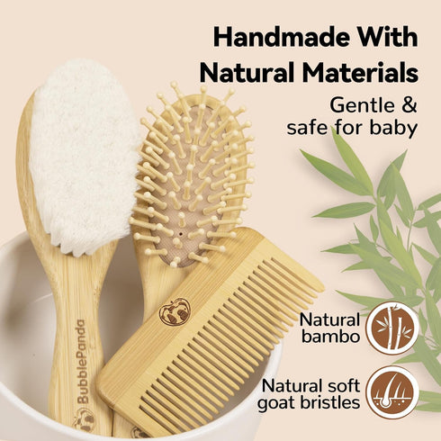 BubblePanda Set Baby Hair Brush and Comb Ultra Soft Goat Hair Bristles, Natural Bamboo Baby Brush for Cradle Cap