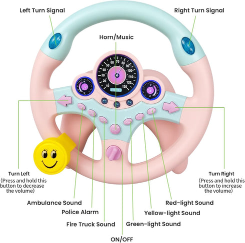 YIYZAOF Kids Steering Wheel Toy for Car Backseat with Light and Music,Suction Cups Base-Interactive Simulated Driving