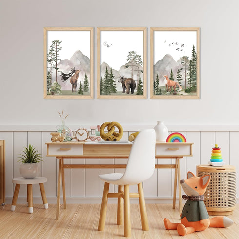 YWJKWLGS Set 3, 11x16 Inch Woodland Animal Nursery Wall Art of Natural Wood Framed Watercolor Deer Bear Fox Prints
