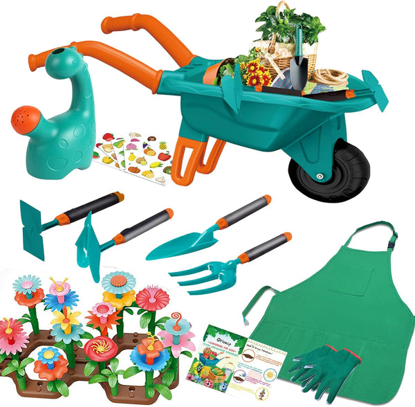 16Pcs Kids Gardening Tools Set - Outdoor Toys with Wheelbarrow, Apron, Watering Can for Educational STEM Learning