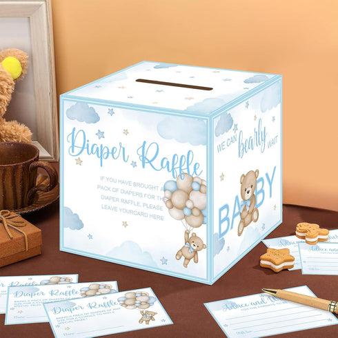 SZSHANN 51 Pcs Bear Diaper Raffle Tickets with Diaper Raffle Card Box for Baby Shower Supplies, Blue Bear Themed Insert