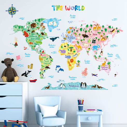 DECOWALL SG2-1615S Animal World Map Kids Wall Decals, Peel and Stick Removable Stickers for Nursery and Bedroom
