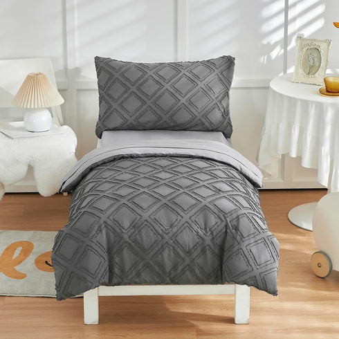 4 Pieces Tufted Toddler Bedding Set Dark Grey Jacquard Tufts, Soft and