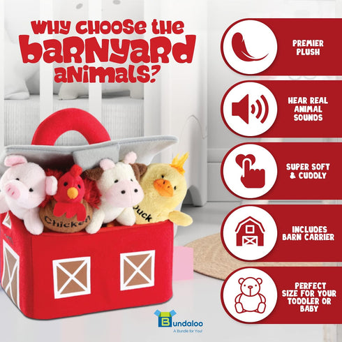 Bundaloo Plush Farm Animal Toys, Play Set with Realistic Sounds and Barn Carrier