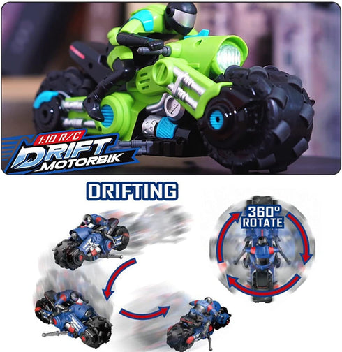 UNIQUE KIDS Remote Control Motorcycles - High-Speed Racing Motorbike with LED Lights, 360° Spinning Action, Green