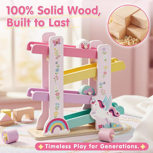 1 4 2 Lehoo Castle Wooden Car Ramp Toys for Year Old Girl Birthday Gifts, Unicorn Montessori Toys for One Year Old
