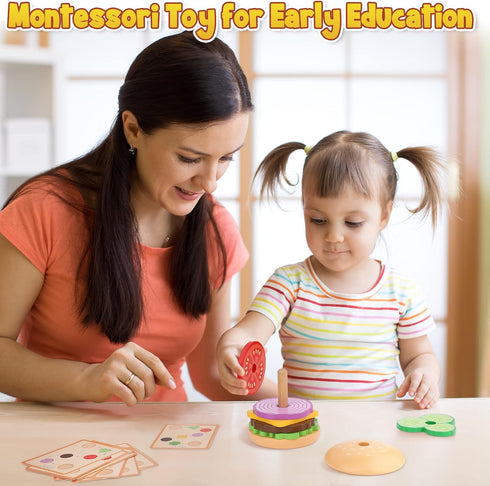 Montessori Toys for 3 Year Old - Wooden Burger Stacking Toys for Toddlers - Educational Fine Motor Skill Toy