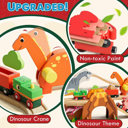 Lehoo Castle Wooden Train Set, Dinosaur Wooden Train Track Set for Toddlers 2-4, Fits Thomas and Brio