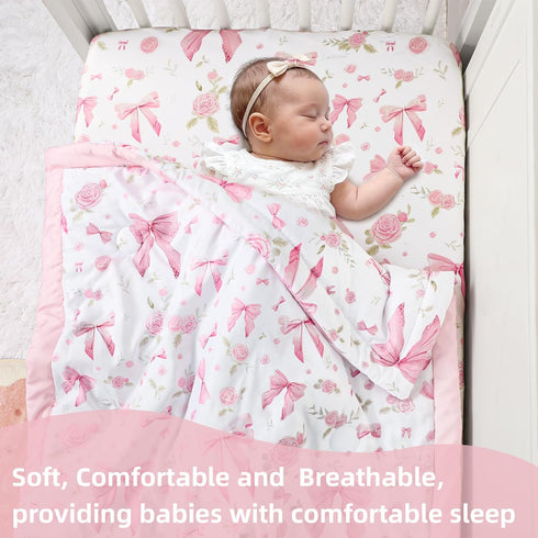 Set 4 Set Floral Crib Bedding for Girls, Pieces Pink Baby Nursery Bedding for Standard Size Crib, Including Soft