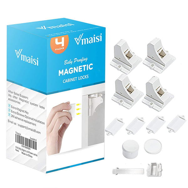 vmaisi Child Safety Magnetic Cabinet Locks - 4 Pack Adhesive Baby Proofing Latches for Cabinets & Drawers