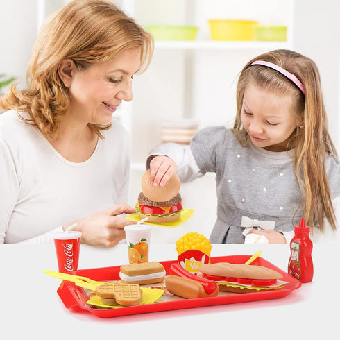Pretend Play Food Set for Children, 15 PCS Removable Fast Food Playset with Tray