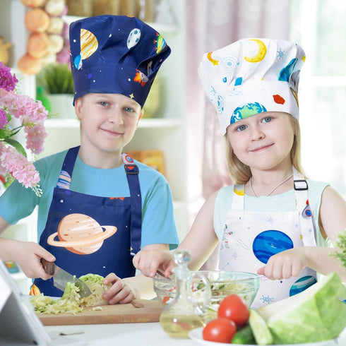 GROBRO7 4Pcs Set 2 Kids Apron and Chef Hat Gift for Girls Boy, Space Theme Pattern Adjustable Kitchen Toddler Aprons