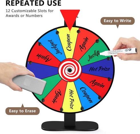 Retbtnm 12-Inch 12 Color Prize Wheel, Slot Editable Spinning Wheel with Dry Erase Board & Marker for Parties