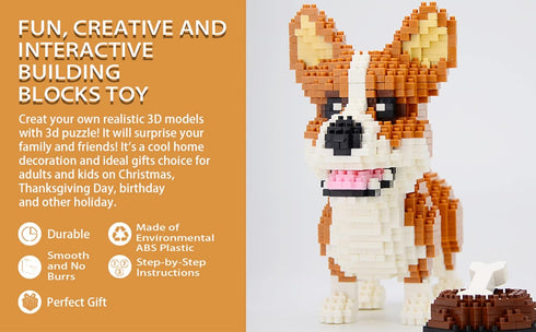 Ulanlan Adult Building Sets, Bricks Corgi, Micro Bricks Dog Animal Building Toy Bricks Dog for Dog Lover, Women, Girl 14+, Teens or Adult, 1380 Pieces (JX004)
