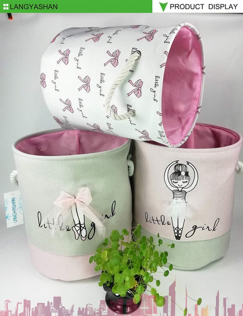 LANGYASHAN Canvas Laundry Basket Collapsible Organizer Storage Hamper for Boys Girls Toy Bins Gift Baskets (Pink Lace)