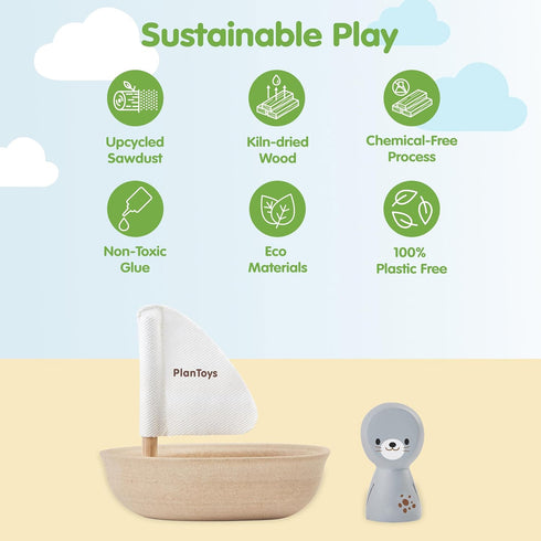 PlanToys Wooden Sailing Boat Toy with Seal | Bath Time Water Toy for Floating Play, Imagination & Gentle Sensory