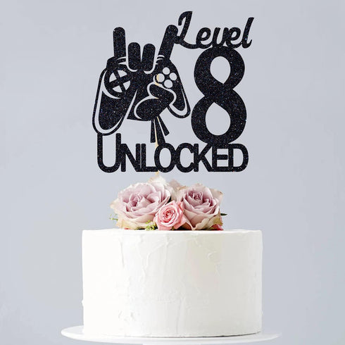 Video Game Level 8 Unlocked Birthday Cake Topper, Black Glitter Boys 8th Birthday Cake Decorations