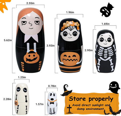 Tngan Halloween Nesting Dolls, 5Pcs 6" Tall Russian Nesting Dolls, Handmade Matryoshka for Kids, Wooden Stacking Toys for Halloween Home Party Decorations (Pumpkin Girls)