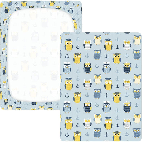 miaozhen 1 Pack 52x28 Cotton Baby Crib Sheets Comfy Breathable Funny Ocean Owl Blue Crib Mattress Sheet for Nursery