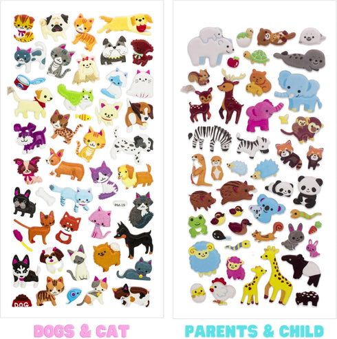4 Sheets 3D Puffy Stickers for Kids - Mother Child Animals, Dogs, Cats, Elephant, Giraffe, Monkey, Sheep, Panda, Koala,