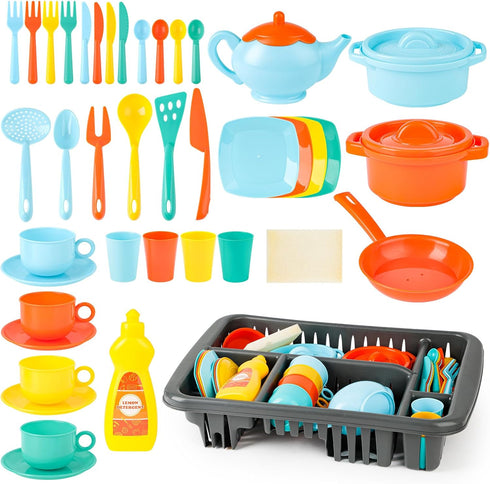 deAO Dinnerware Set for Kitchens Toys Drainer Set with Sponge, Plates, Cutlery,
