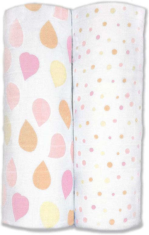 Set 2, Amazing Baby Silky Swaddle Muslin Blankets, of Bamboo Viscose, Petals and Dots, Pink