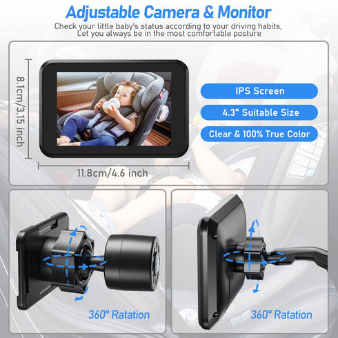 4.3" 5 ACZ401 Itomoro Baby Car Camera, HD Night Vision Car Baby Monitor with Camera, Safety Seat Baby Car Mirror