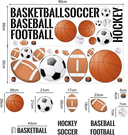 Supzone Sport Balls Wall Stickers Boys Wall Decals for Basketball Soccer Baseball Football Hockey Playroom Decor