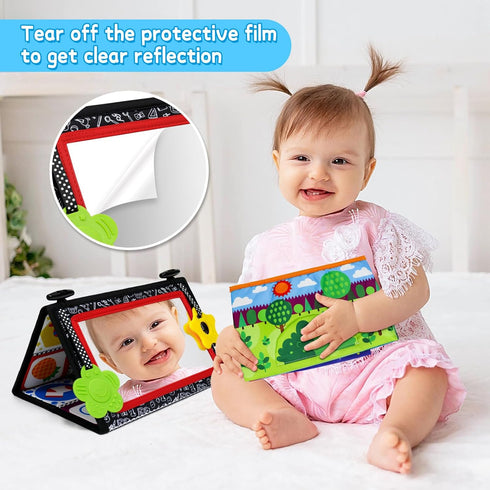 Dr.Rapeti Black and White Tummy Time Floor Mirror for Baby, Infant, Toddler Kids, Washable Non-Toxic Toy with Crinkle