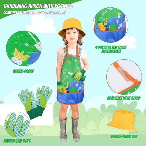 Magic4U Set, 22 3+ Kids Gardening Tools Pcs Metal Garden Tools Toys with Apron, Gloves, Wood Handle Shovel, Rake, Hoe