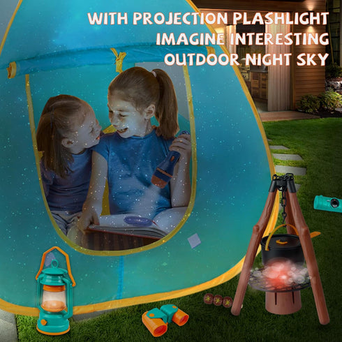 Set 50pcs Set Qtioucp Kids Camping with Tent & Space Projector Flashlight- Outdoor Campfire Toy for Toddlers Kids