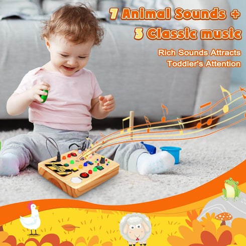 TINTECUSA Busy Board with LED Light, Wooden Sensory Toys for Toddler, Montessori Music Toy for Airplane, Travel