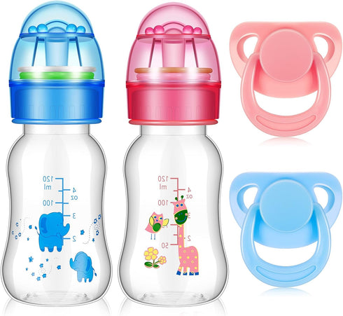 Jexine 4 Pieces Reborn Baby Doll Accessories, 2 Magnetic Pacifiers and 2 Baby Bottles in Random Patterns (Pink and Blue)