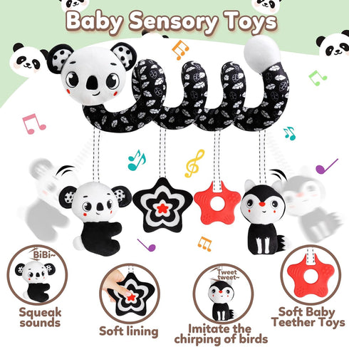 Baby Carseat Toy - Black & White Rattle Spiral Hanging Activity Stroller Toy for Newborns Boys and Girls (Coala)