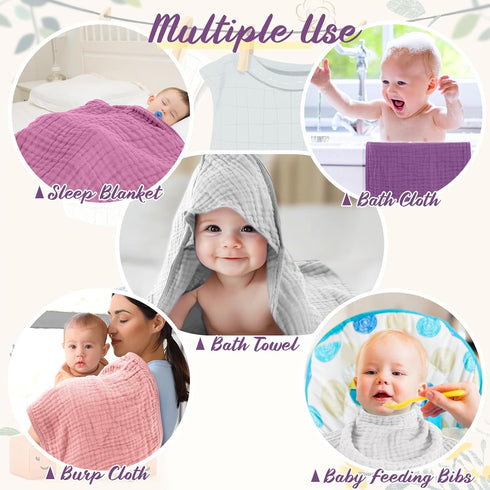 VitalCozy 12 Pcs Baby Muslin Hooded Bath Towels and Washcloths, Muslin Hooded Baby Towels Absorbent Blankets for Gift