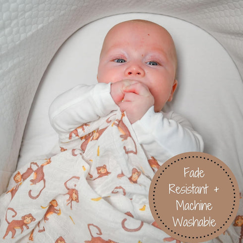 Swaddle Blanket | 100% Muslin Cotton | Gender Neutral Newborn and Baby Nursery Essentials for Girls and Boys, Registry | Monkey Print by LollyBanks