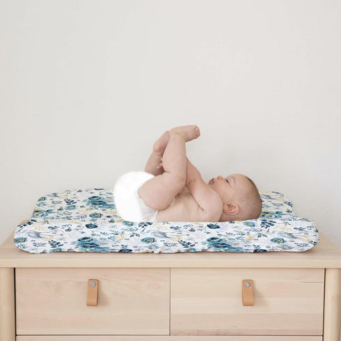 Watercolor Crane Blue Flowers Changing Pad Covers, Birds Boho Retro Floral, Soft Breathable Stretch Baby Mats 32''x16''