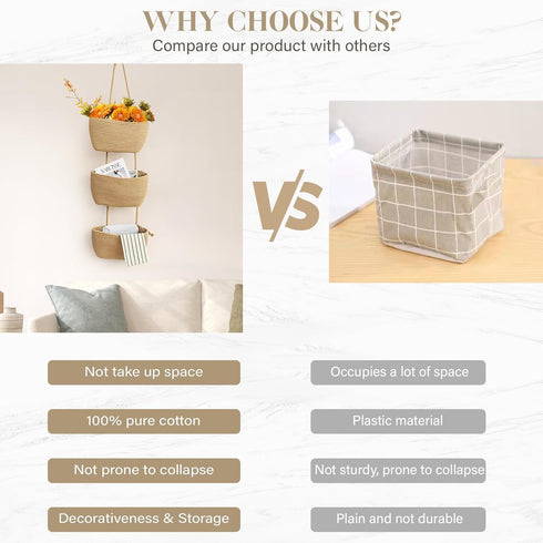 3-Tier TeoKJ Over the Door Hanging Basket, Woven Cotton Wall-Mounted Storage Organizer Bag Decorative Hanging Nursery