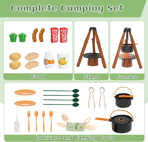 Set, Set 3+ Kids Camping Toy Pretend Play Cooking with Spray Stove, Food Toys, Tableware, Outdoor Toddler Campfire Toys