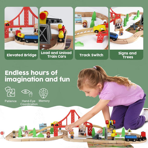 TOY Life 80pcs Wooden Train Set - Fits Thomas Brio Melisa Chugginton, Toddler Boy Toy Train Set, 3+