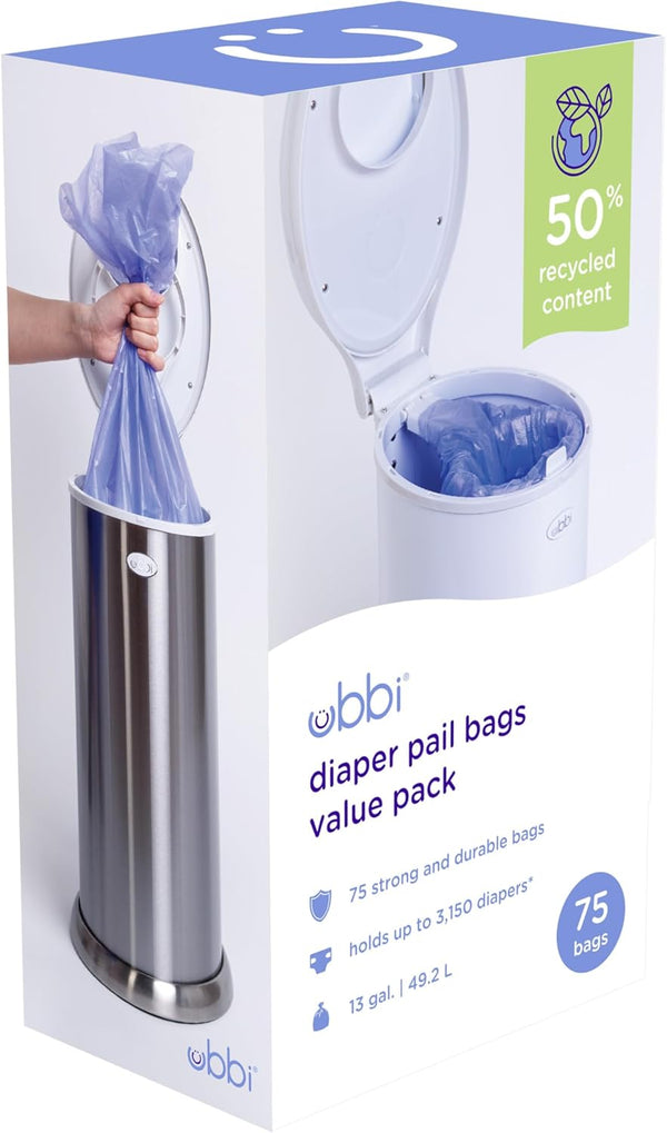 Ubbi Diaper Pail Plastic Bags, Disposable Baby Waste Bags, 3 Pack, 75
