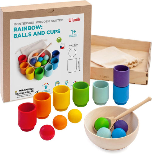 Ulanik Rainbow Balls in Cups, Toddler Montessori Toys for 1+ Year Old Kids, Wooden Matching Game for Learning