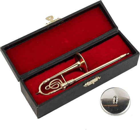 Dselvgvu Copper Miniature Trombone with Stand and Case, Mini Musical Instrument for Dollhouse Decoration